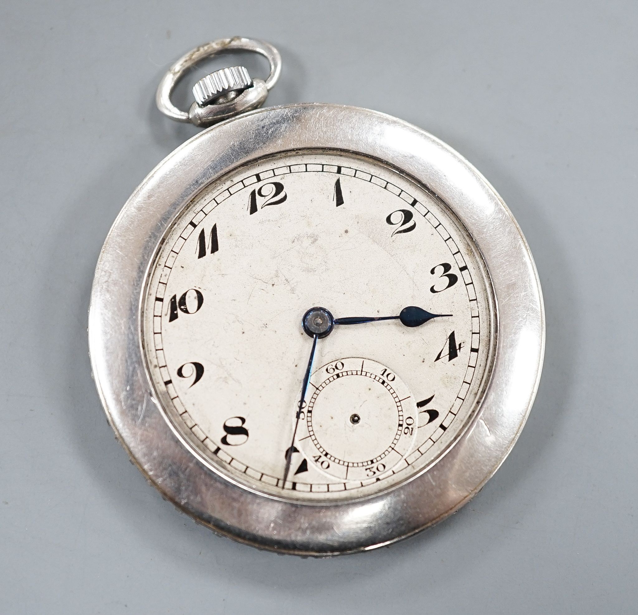 A mid 20th century white metal (stamped plat) and diamond set keyless open faced dress pocket watch, by Helbros Watch Co. case diameter 46mm, gross weight 48.6 grams, lacking glass cover.